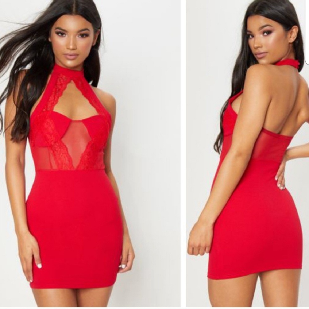 Red lace high neck bodycon dress